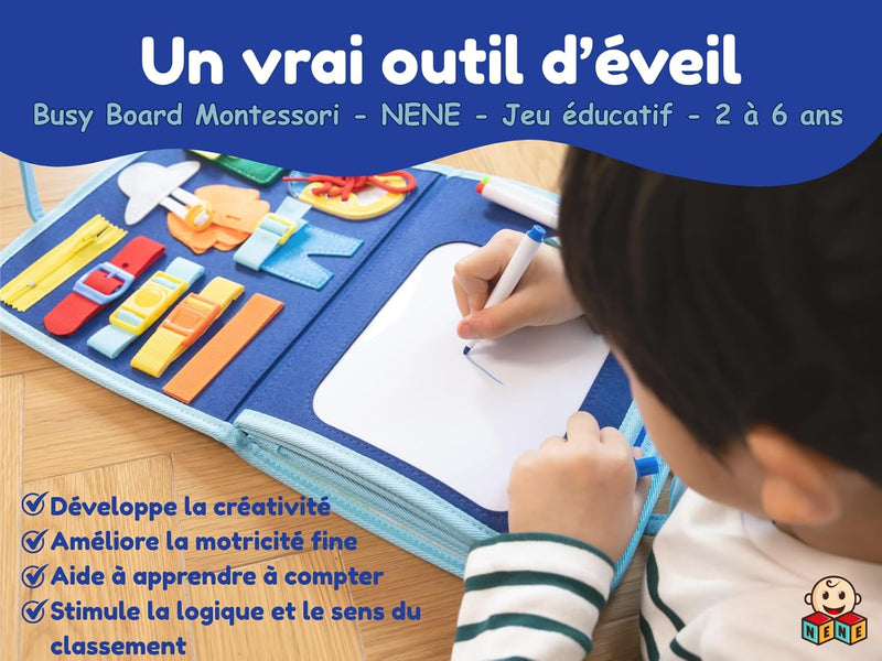 Nene Busy Board Montessori – Jouet Éducatif 2 À 6 Ans Garçon Fille – Planche D’Activités Sensorielle Sans Écran – Lettres, Chiffres, Formes, Couleurs – Motricité Fine – Idée Cadeau Enfant