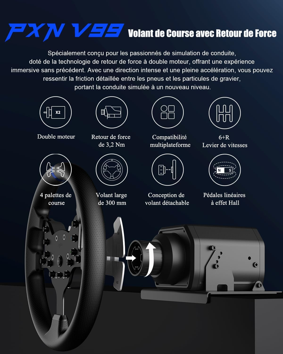 V99 Volant De Jeu – Retour De Force 3,2 Nm, 270°&900°, 300Mm, 4 Palettes, 3 Pédales, Levier De Vitesses En H, Application De Réglage – Volant Pour PC, Xbox, PS4
