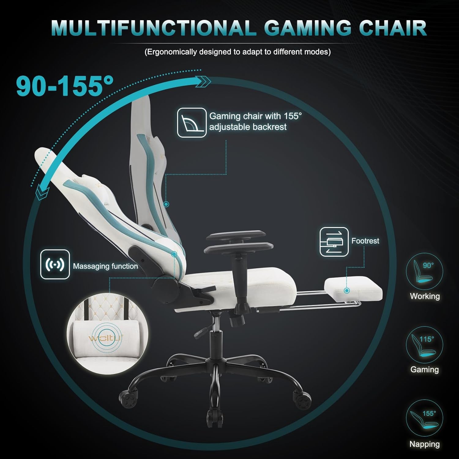 Chaise Gaming, Chaise Bureau Massante, Fauteuil Ergonomique Avec Coussin Lombaire Massant, Siège Large À Ressorts, Appui-Tête, Repose-Pieds, Tissu Technique, Charge 150Kg, Blanc