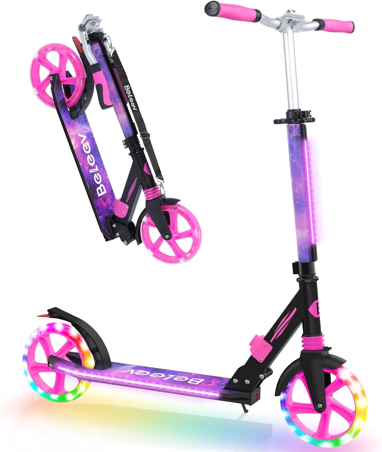Trottinettes Enfants De 6 Ans Et Plus, LED Lumineuses Stem & Deck, Pliable, 4 Hauteurs Réglables, Sangle De Transport, Grandes Roue 200 Mm, City Scooter 2 Roues Pour Adulte Et Adolescent