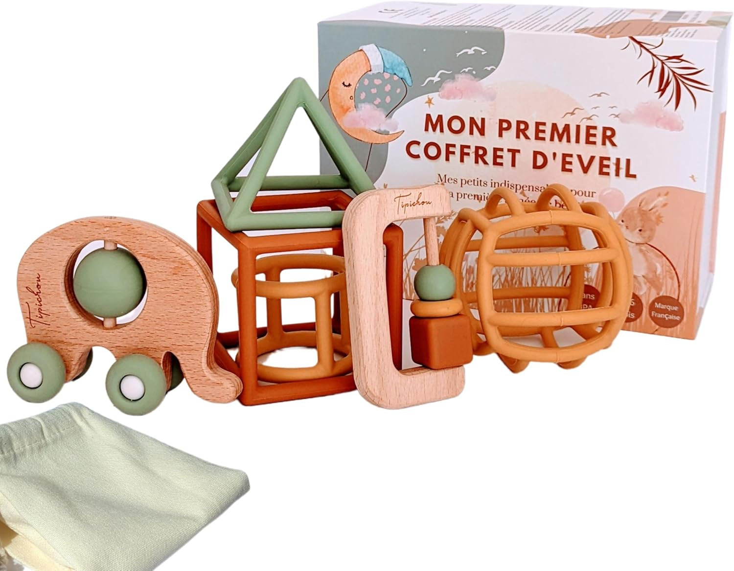 Jouets D'Éveil Bébé 1Er Âge - Coffret Naissance Mixte Montessori Garçon Et Fille - 5 Jeux D'Activité Et De Développement Sensoriel Bois Et Silicone, Balle, Formes, Hochet, Roues, 3 Mois>3 Ans