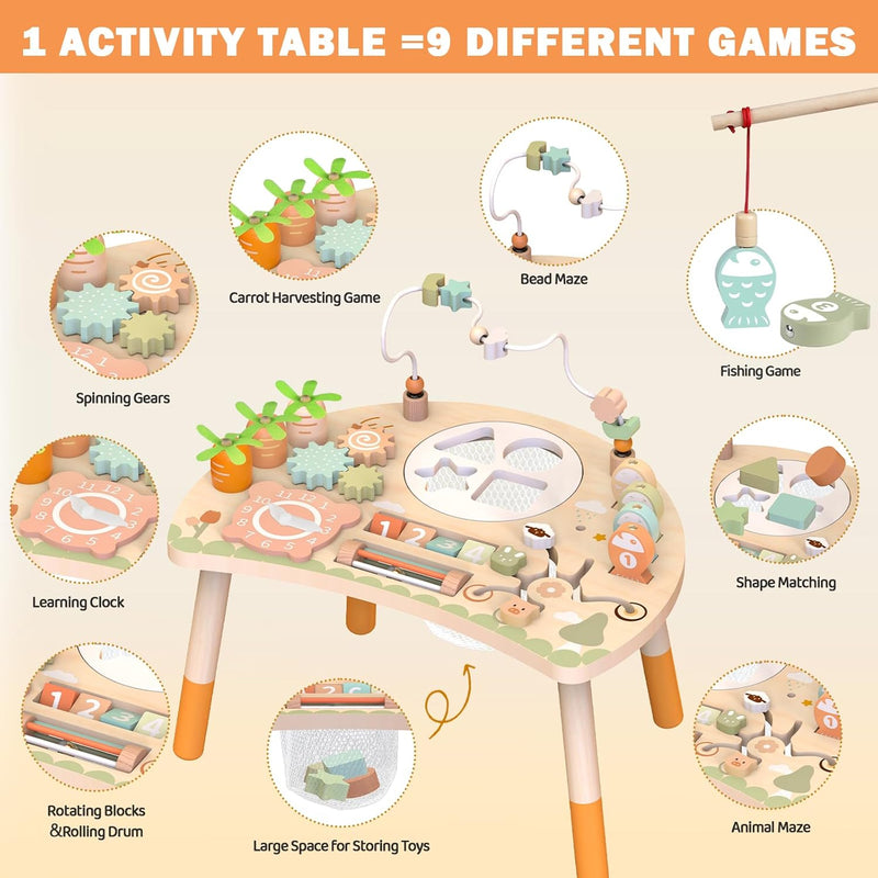Table D’Activités Pour Bebe De 1 an Et Plus, Centre D’Activités Montessori En Bois 9 En 1 Avec Trieur De Formes, Jeu De Pêche, Labyrinthe De Perles, Jouets Éducatifs 12–18 Mois, Cadeau Enfant 1 An