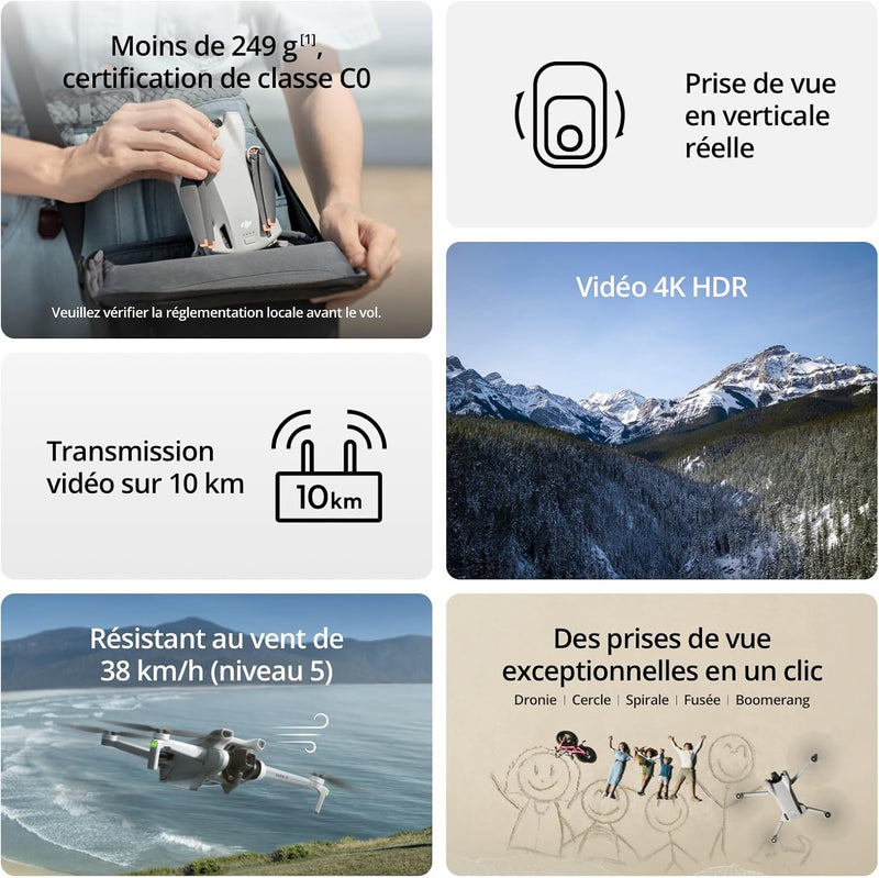 Mini 3 – Mini Drone Caméra Léger Avec Nacelle Mécanique À 3 Axes, Vidéo 4K HDR, Temps De Vol De 38 Min, Transmission Vidéo Jusqu’À 10 Km, Prise De Vue Verticale Réelle, Retour Auto Par GPS Intégré