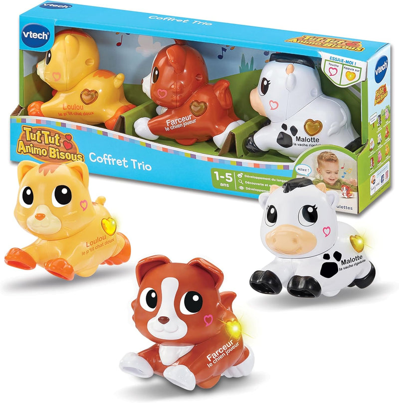 - Tut Tut Animo Bisous Coffret Trio - 3 Animaux Interactifs À Roulettes, Chat, Chien Et Vache - Jouets Musicaux Et Sonores À Collectionner - Cadeau Enfant De 1 an À 5 Ans - Contenu En Français