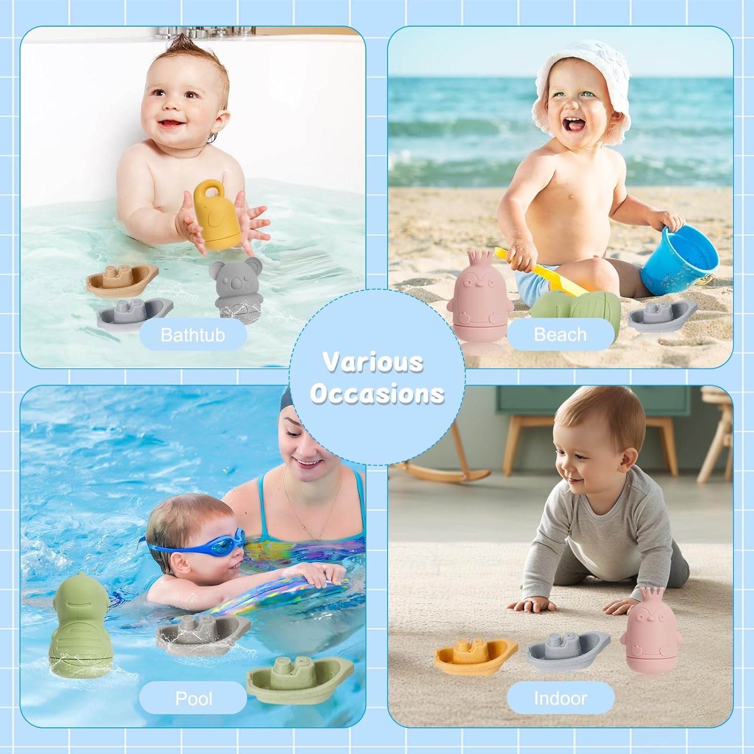 Jouets De Bain Pour Bebe, 15 Pièces Jouet Bain Bébé À Presser Sensoriels Avec Bateaux Empilables Et Cuillère, Silicone Souple Jouet Bain Enfant Jeux Educatif 6 9 12 Mois 1 2 3 Ans