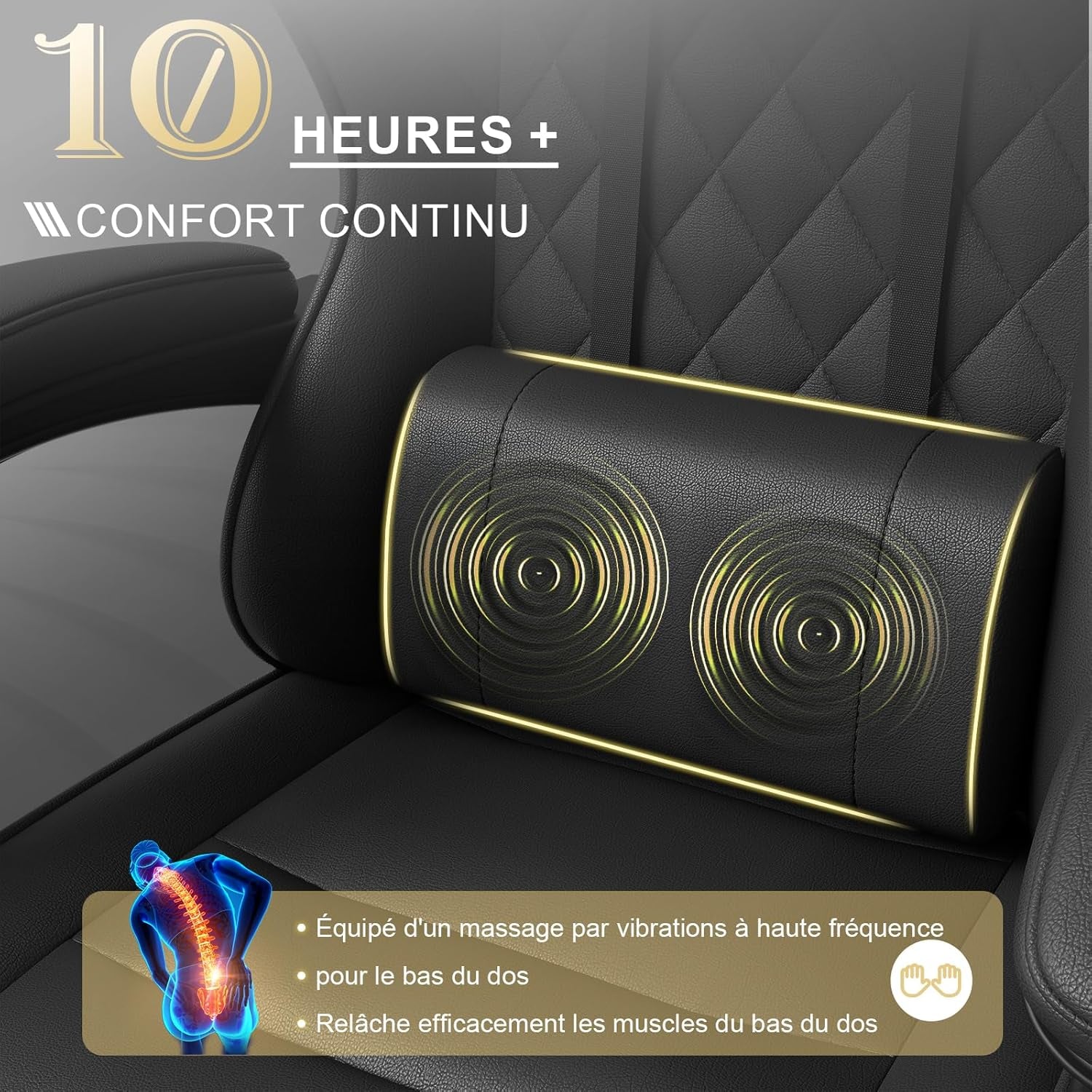 Chaise De Jeu Ergonomique Avec Massage Lombaire, Fauteuil Gaming, Repose-Pieds Rétractable, Dossier Réglable, Confort Quotidien, Gaming Et Bureau, Noir