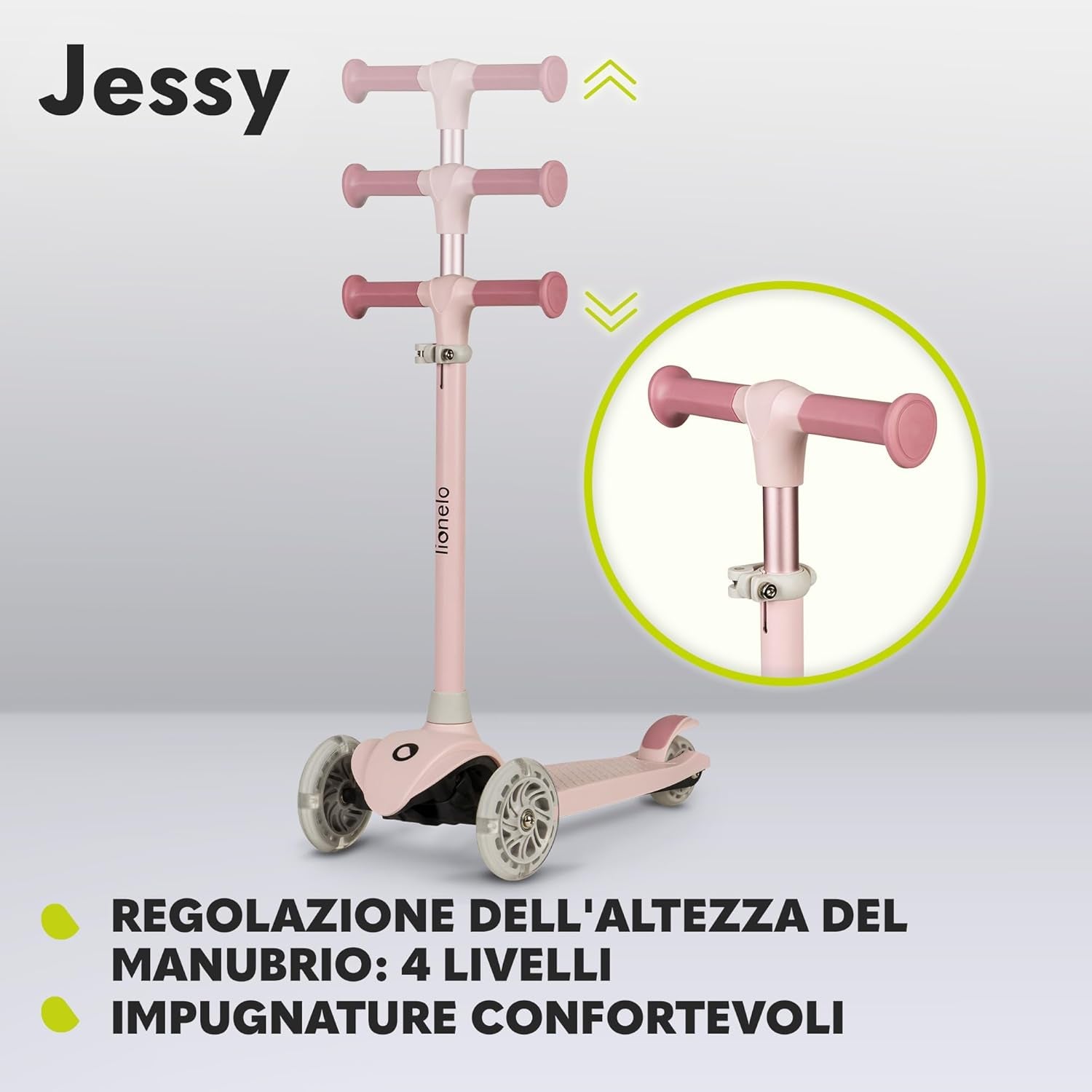 Jessy Trottinette D'Équilibre Pour Enfants De 3 Ans À 50 Kg, Trottinette Trois Roues Légère Avec Réglage En Hauteur, Roues LED, Plateforme Antidérapante, Hauteur Scooter (Pink)