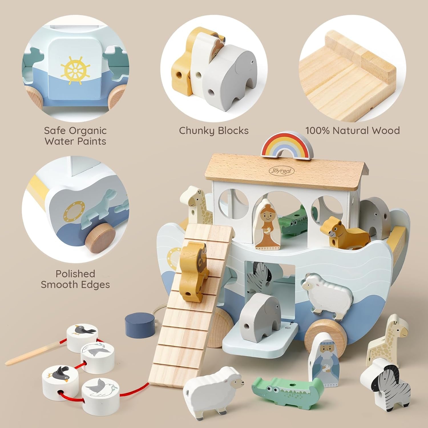 Arche De Noé - Cadeau Baptême Garcon Fille Enfant, Jeux Montessori Enfants 1 2 3 Ans, Jouet En Bois Bebe Avec Animaux De La Ferme