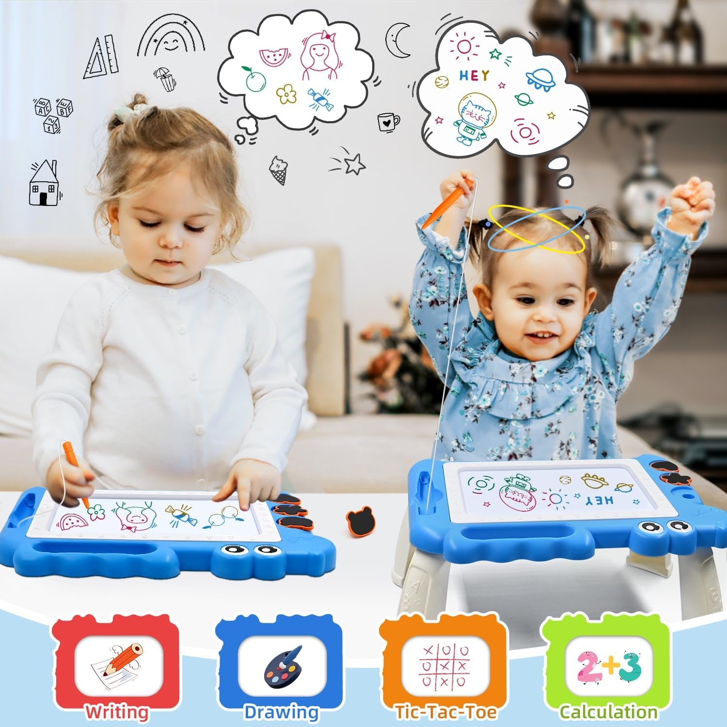 Tablette Dessin Enfant Avec 4 Jambes Jouets Pour Bebe 3 4 5 Ans，Educatif Ardoise Magique Jeux Pour Les Garçons Et Filles Cadeau，Jouets Montessori Pour Enfants 3-8 Ans (Bleu