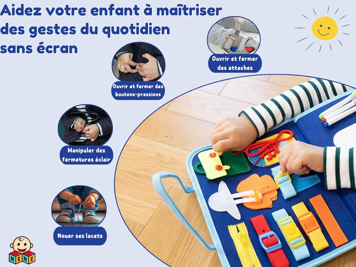 Nene Busy Board Montessori – Jouet Éducatif 2 À 6 Ans Garçon Fille – Planche D’Activités Sensorielle Sans Écran – Lettres, Chiffres, Formes, Couleurs – Motricité Fine – Idée Cadeau Enfant