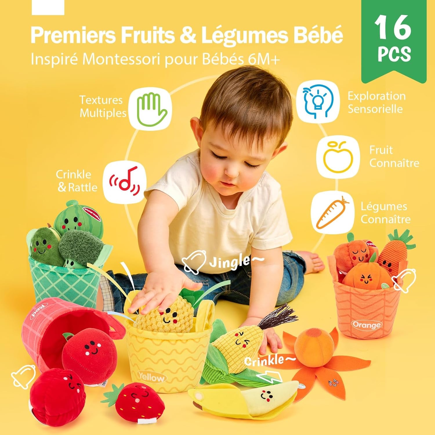 Jouet Bebe 6 Mois Jouet Eveil Bebe 6-12 Mois, 16 Pièces Fruits Et Legumes Jouets En Peluche Avec Panier, Jouet Sensoriel Bebe Jeux Montessori Cadeau Bebe 1 an Garçon Fille