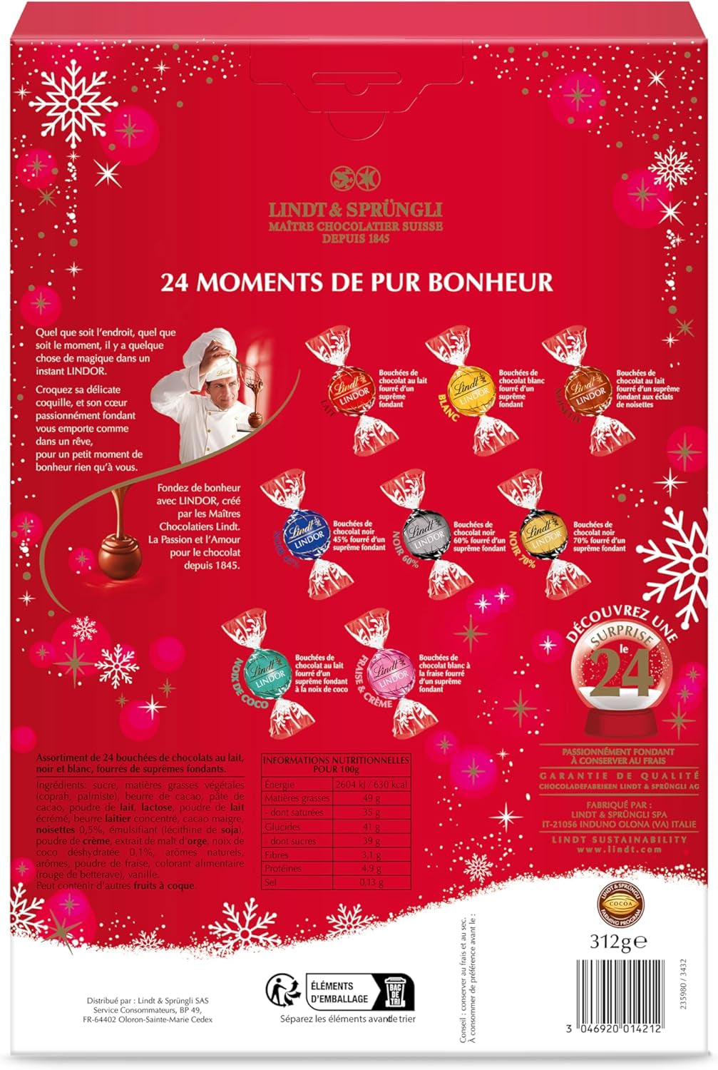 - Calendrier De L'Avent LINDOR - Assortiment De Chocolats Au Lait,Noir 45%, Noir 60%, Noir 70%, Blanc, Coco, Noisettes - Idéal Pour Noël, 312G