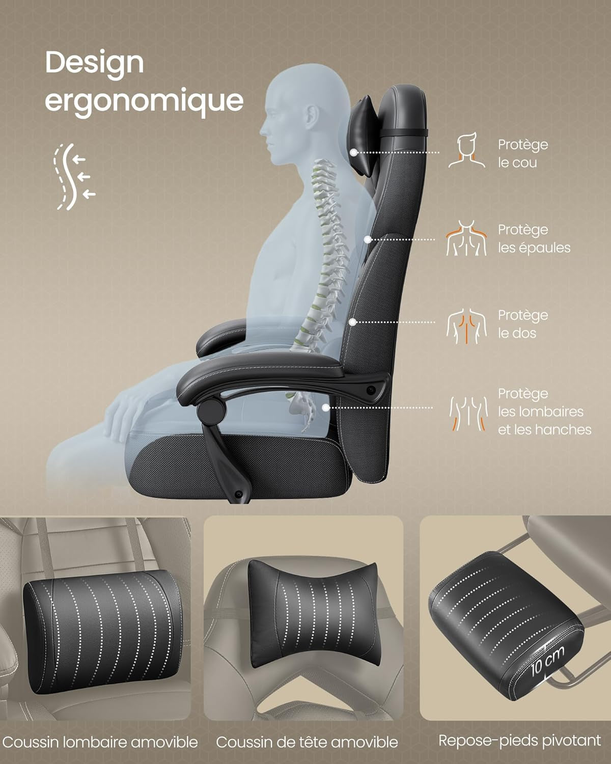 Chaise De Jeu, Chaise D'Ordinateur, Ergonomique, Avec Repose-Pieds, Coussin De Tête Ajustable, Support Lombaire, Capacité De Charge De 150 Kg, Noir OBG077B01