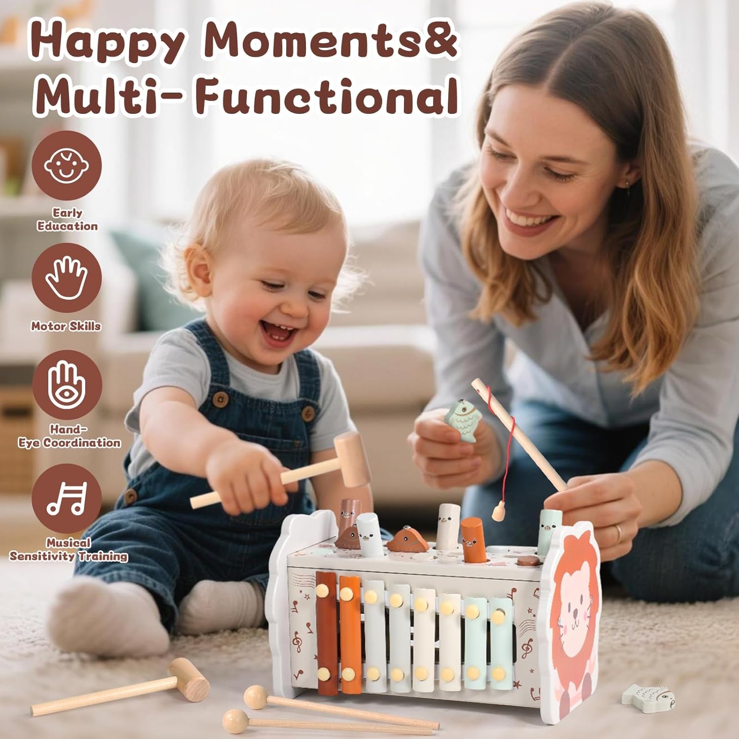 Jouet Bebe 1 an - Jeux Montessori 1 an 4 En 1 Jouet Montessori Avec Tape-Taupe Xylophone Bebe Pêche Et Labyrinthe Jouets Enfant 1 Ans Educatif En Bois Idéal Cadeau Noel Enfant 1 Ans Fille Garçon