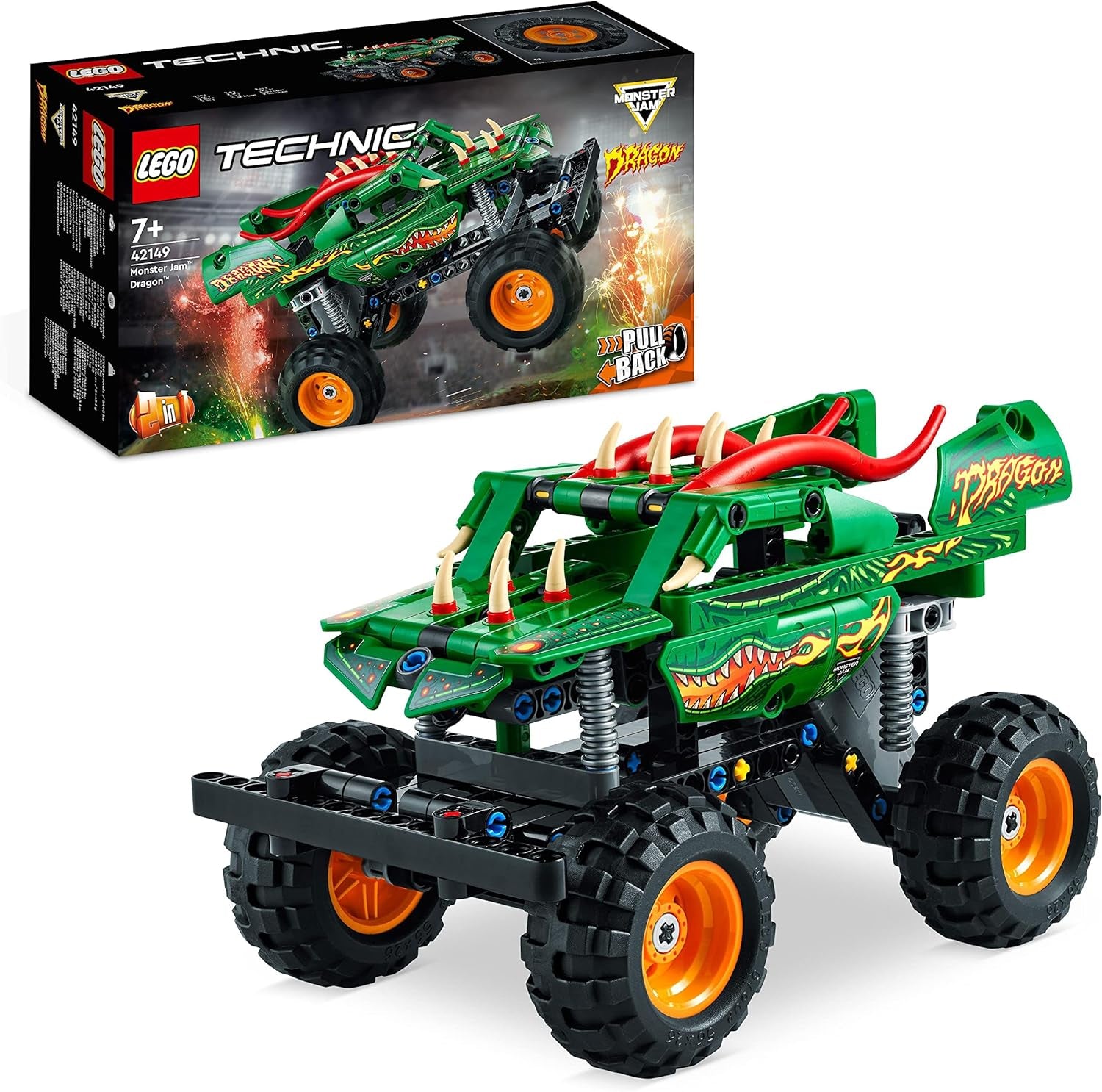 42149 Technic Monster Jam Dragon, 2-En-1, Jouet Monster Truck Pour Racing, Voiture De Course, VTT, Cascadeur Tout-Terrain, Garçons Et Filles 7 Ans