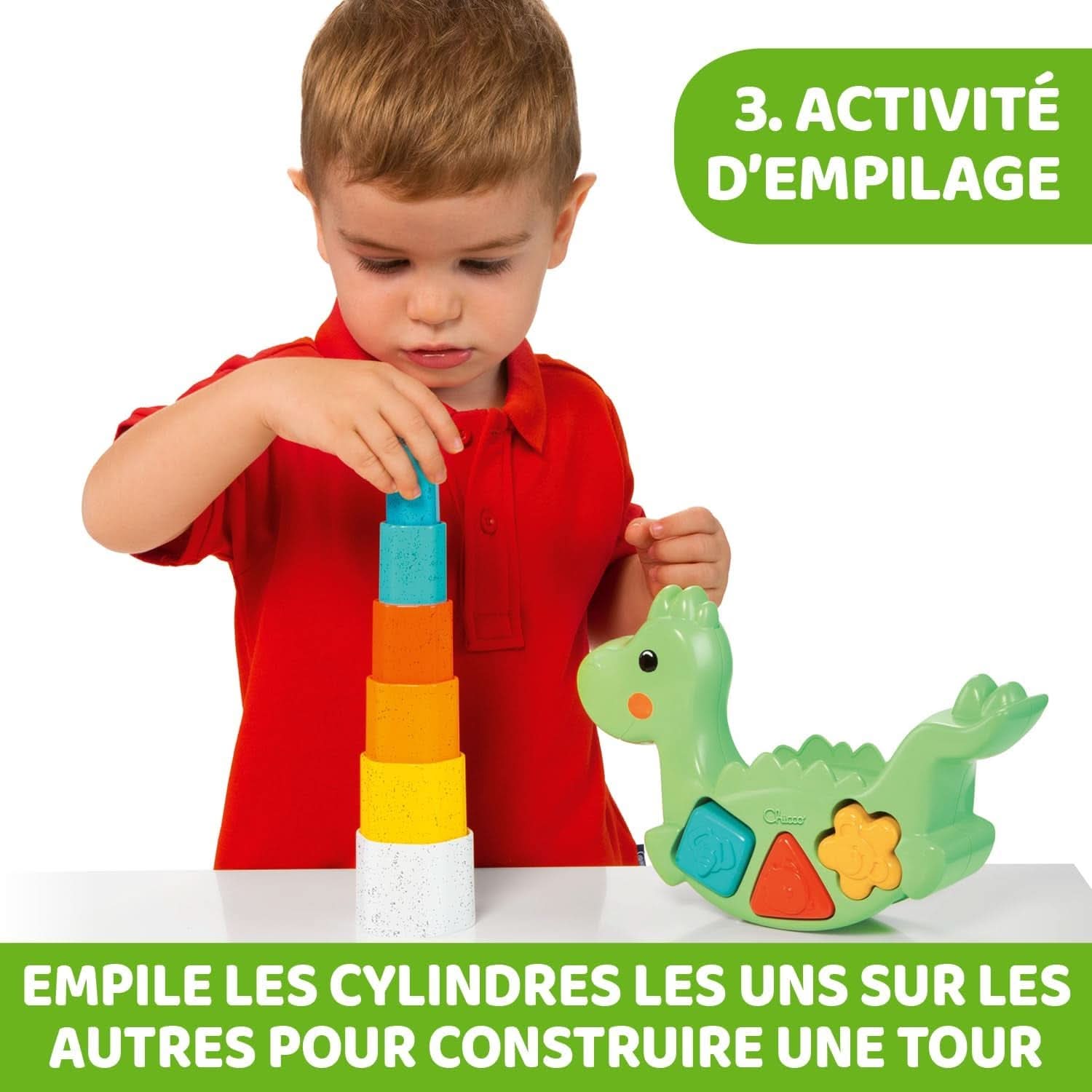 Lino Le Dino 2 En 1 ECO +, Jeu D'Équilibre Et De Tri, Dinosaure Avec 6 Cylindres, 3 Formes Et 3 Activités, Fabriqué En Italie À Partir De Plastique Recyclé, Jouet Éducatif De 1 À 4 Ans