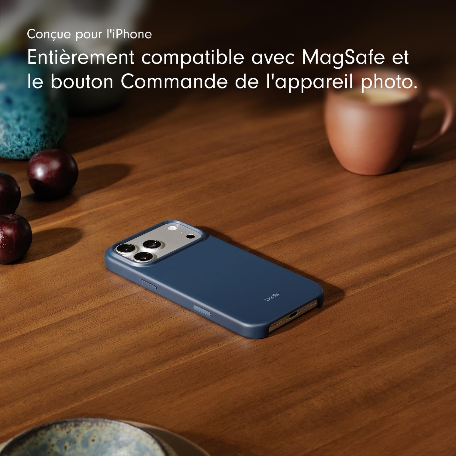 Coque Pour Iphone 17 Pro Max Équipée Magsafe Avec Commande De L'Appareil Photo, Fini Mat, Doublure En Tissu Microfibre - Bleu Basalte