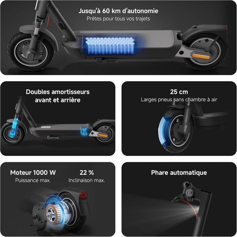 Trottinette Électrique Série 4 & 5 – Modèles Pour Adulte, Moteur Puissant, Grande Autonomie, Pneus Larges, Antivol Intégré Et Connectivité Bluetooth – Noir [Version Française]