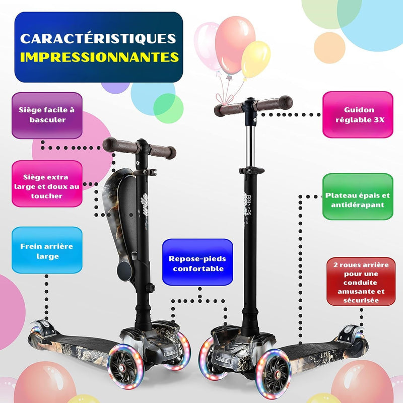 Trottinette Enfant, Trottinette 3 Roues, Patinette Enfant Pliable Avec Hauteur Ajustable, Plateau Antidérapant, LED Roues Lumineuses, Scooter Pour Fille/Garçon De 2 À 8 Ans