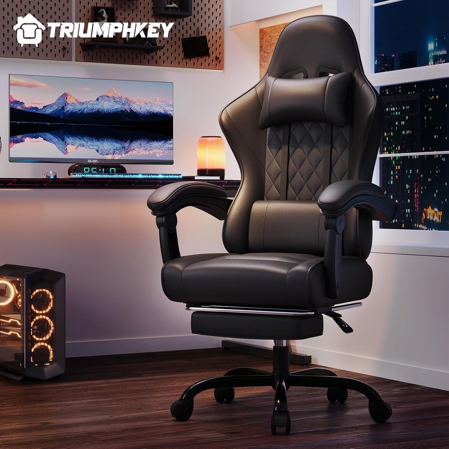 Chaise De Jeu Ergonomique Avec Massage Lombaire, Fauteuil Gaming, Repose-Pieds Rétractable, Dossier Réglable, Confort Quotidien, Gaming Et Bureau, Noir