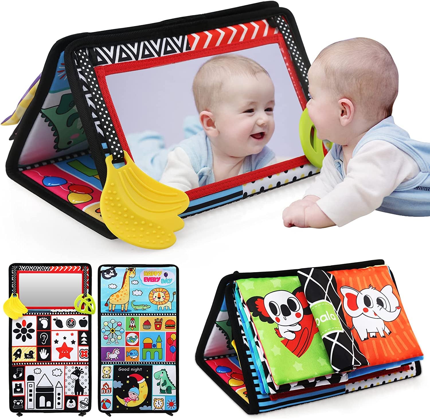 Jouet Bebe 6 Mois, Miroir Bebe Éveil Montessori 6-12 Mois, Livre Tissu Bébé Noir Et Blanc Jouets Sensoriels Pour Enfants Jeux D'Eveil Bébé Cadeau Pour Naissance Fille Garcon 6 12 Mois