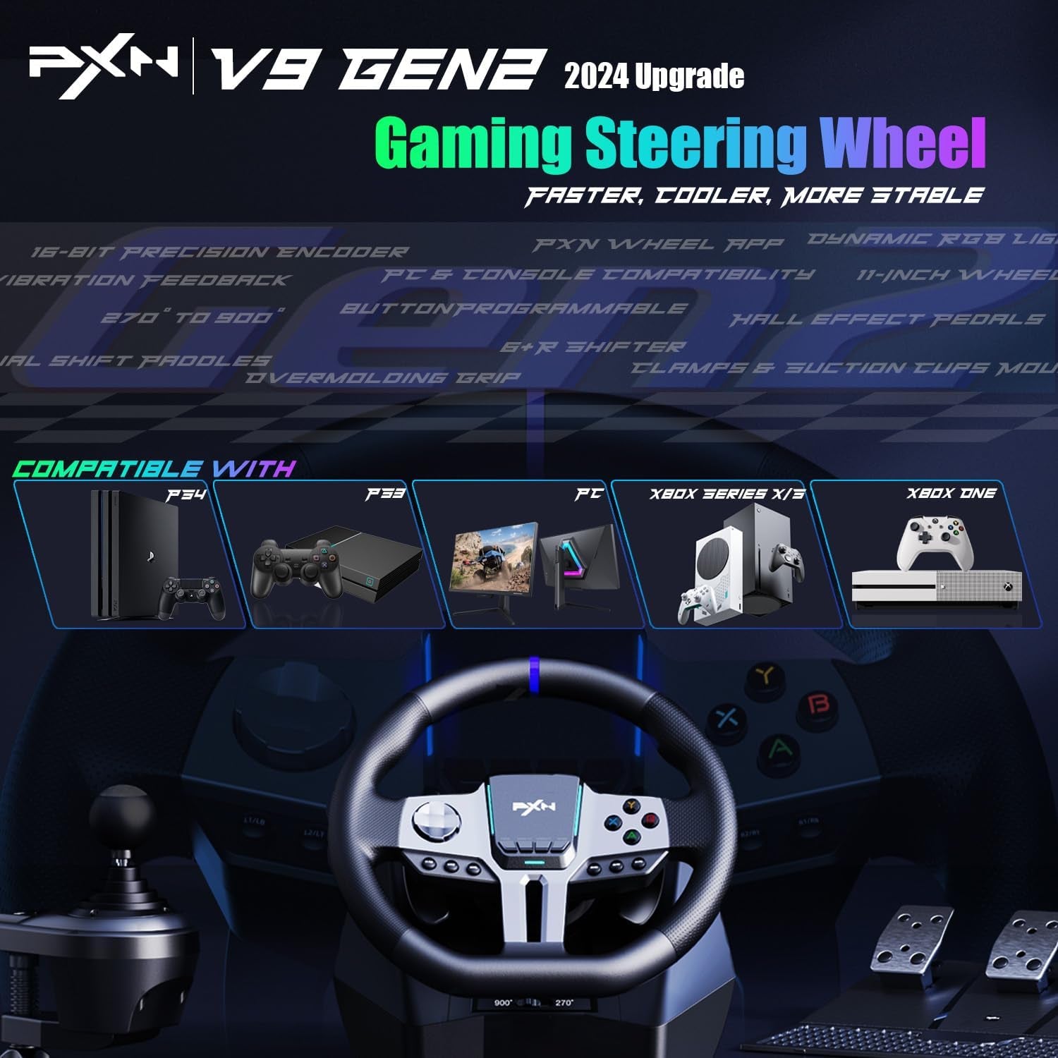 V9 Gen2 Volant De Course - 270° & 900°, Levier De Vitesse En H, Pédales À Effet Hall, Palettes De Changement De Vitesses, Application Outils, Retour De Vibration – Volant Pour PC, Xbox Et PS4