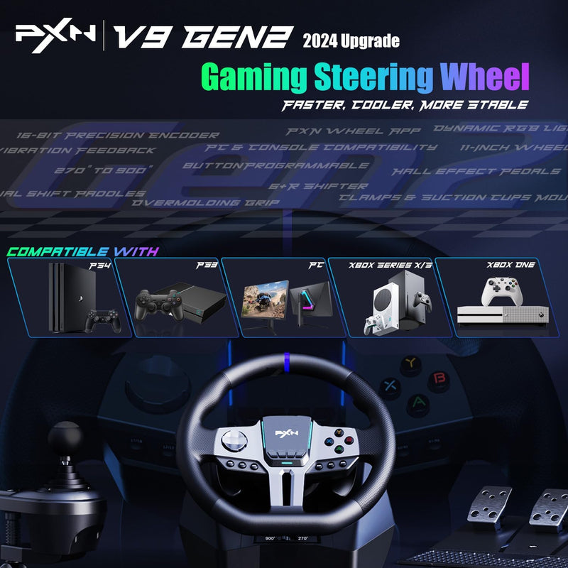 V9 Gen2 Volant De Course - 270° & 900°, Levier De Vitesse En H, Pédales À Effet Hall, Palettes De Changement De Vitesses, Application Outils, Retour De Vibration – Volant Pour PC, Xbox Et PS4