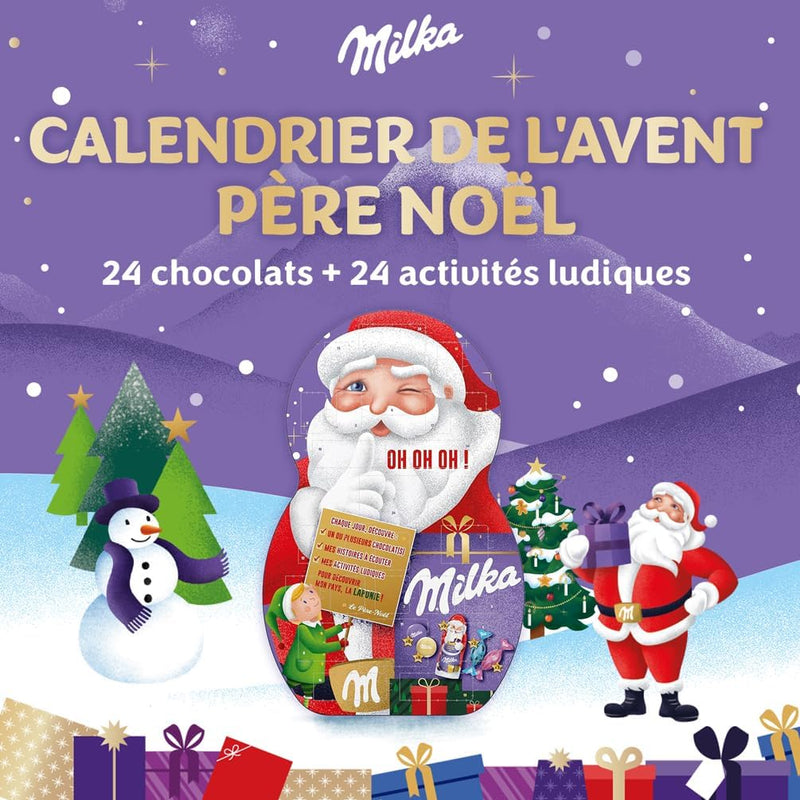 - 1 Calendrier De L'Avent Père Noël  - Assortiment De Chocolat Au Lait Du Pays Alpin, Chocolat Blanc Et Chocolat Au Lait Fourré - 1 Calendrier De 26 Chocolats Soit 213 G