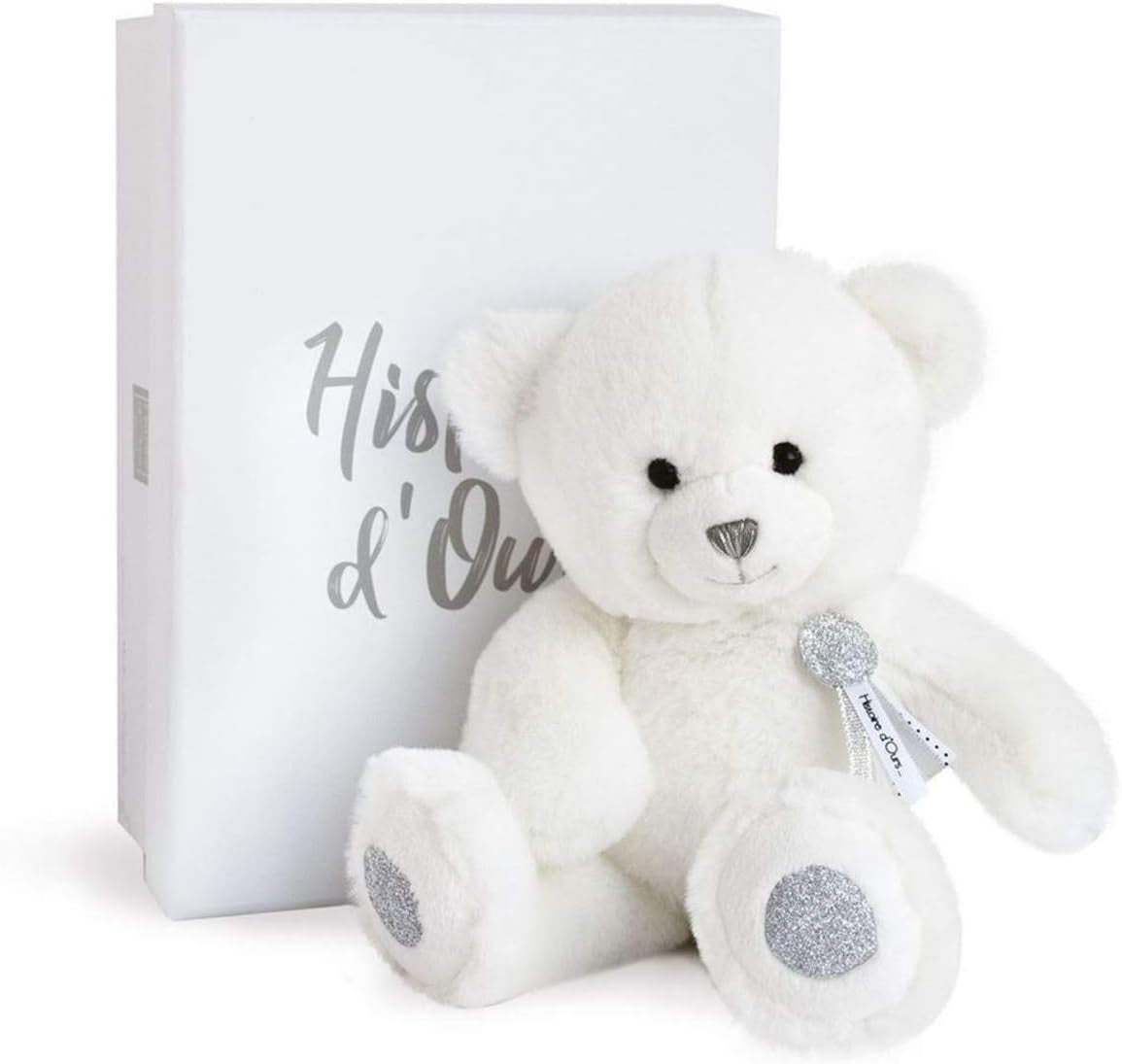 Histoire D'Ours - Peluche Ours - Blanc & Pailleté Argenté - 24 Cm - Collection Charms - Peluche Toute Douce & Toute Ronde - Avec Boite Cadeau Pour Enfant Dès 2 Ans - Idée Cadeau Naissance - HO2805