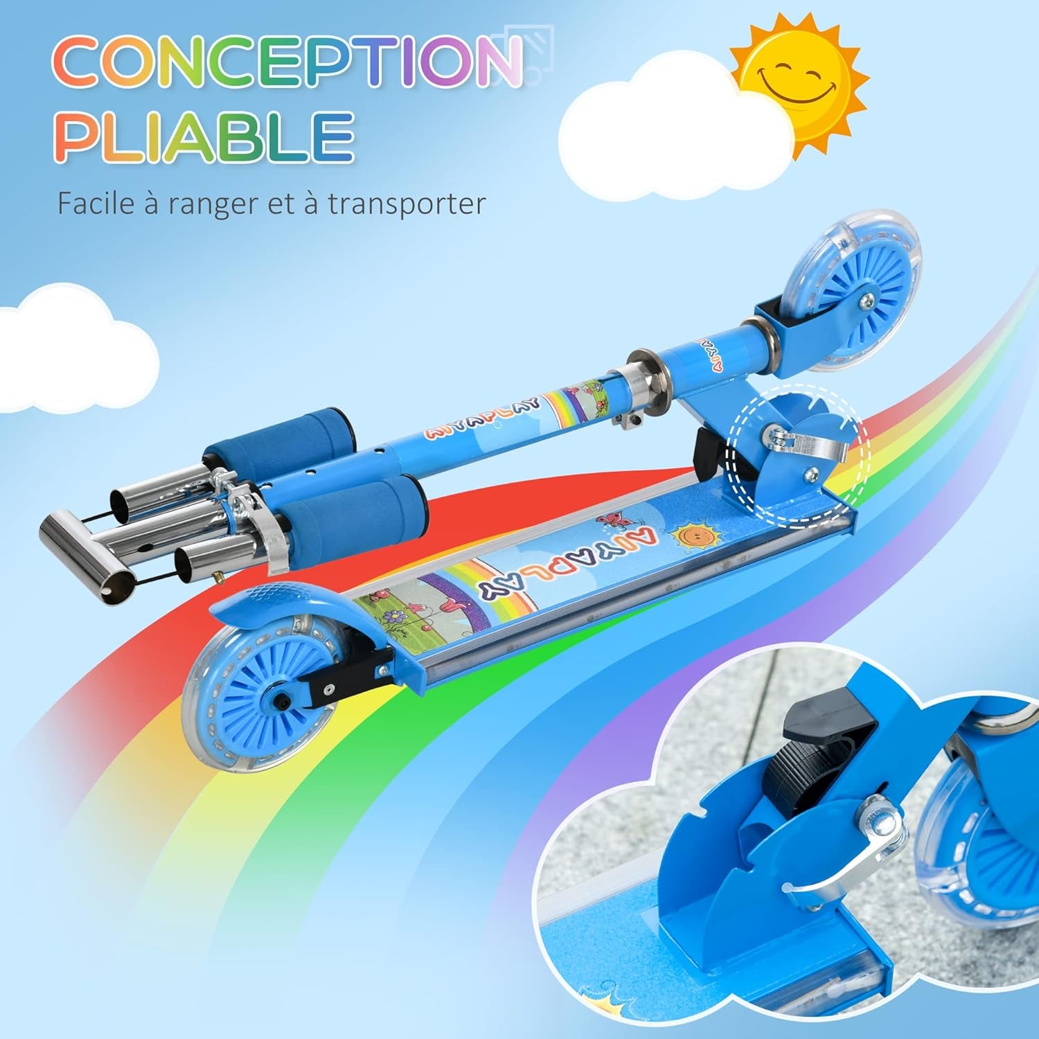 Trottinette Pour Enfants De 3 À 7 Ans, Roues Légères Et Pliables En PU, 12 Lumières LED, Musique, 4 Niveaux De Réglage De La Hauteur Du Guidon, Frein À Friction, Bleu