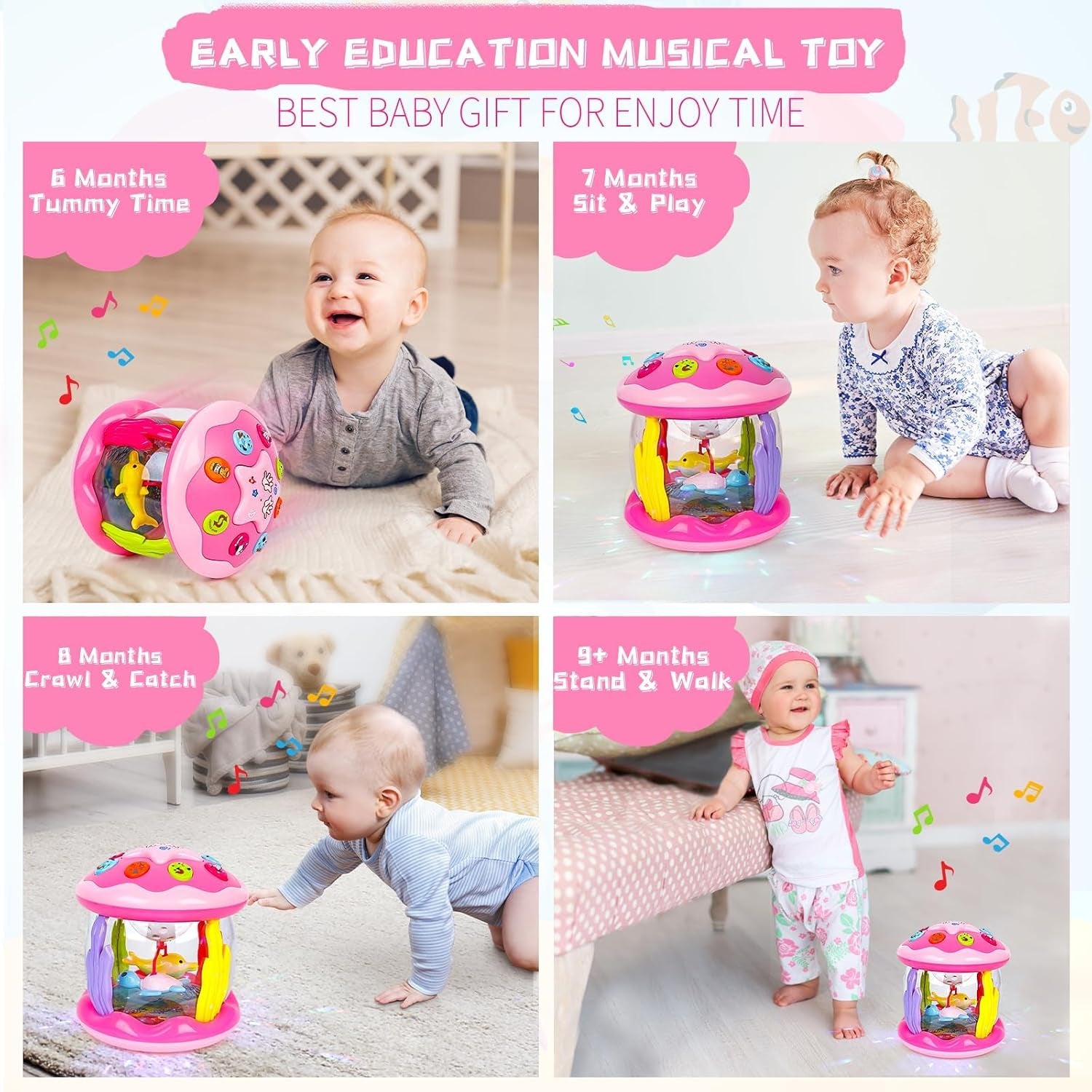 Jouet Musical Pour Bébé De 6 Mois Plus, Avec Musique, Jouet Sensoriel Pour Garçons Et Filles De 12 À 18 Mois, Cadeau D'Apprentissage À Ramper, Rose