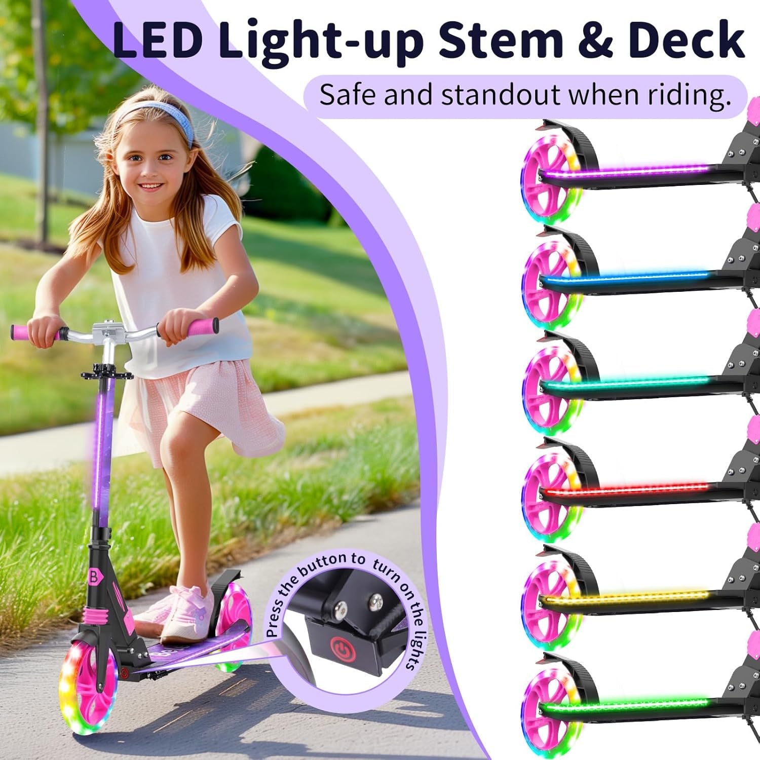Trottinettes Enfants De 6 Ans Et Plus, LED Lumineuses Stem & Deck, Pliable, 4 Hauteurs Réglables, Sangle De Transport, Grandes Roue 200 Mm, City Scooter 2 Roues Pour Adulte Et Adolescent