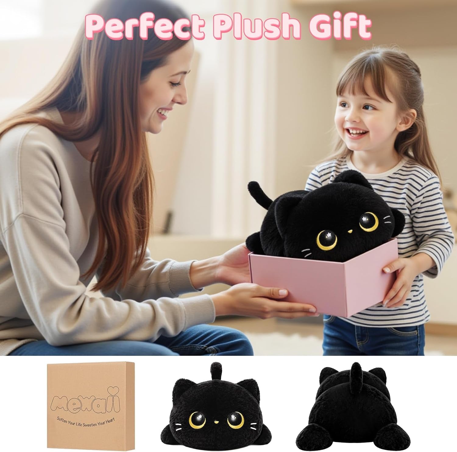 Peluche Chat Mignonne 13 Pouces,Oreiller Kawaii En Forme De Chat Noir,Coussin Peluche Doux Pour Enfants, Jouet Anti-Stress Câlin,Idée Cadeau Originale