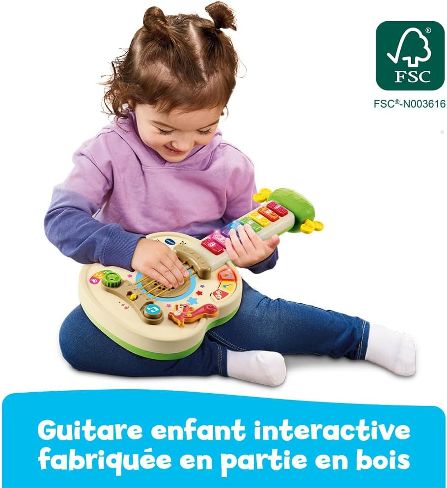 - Ma Guitare Lumi Magique, Instrument De Musique Partiellement En Bois, Guitare Acoustique Et Électrique, Jeu D'Éveil Musical Et De Motricité Fine, Cadeau Bébé Dès 18 Mois - Contenu En Français