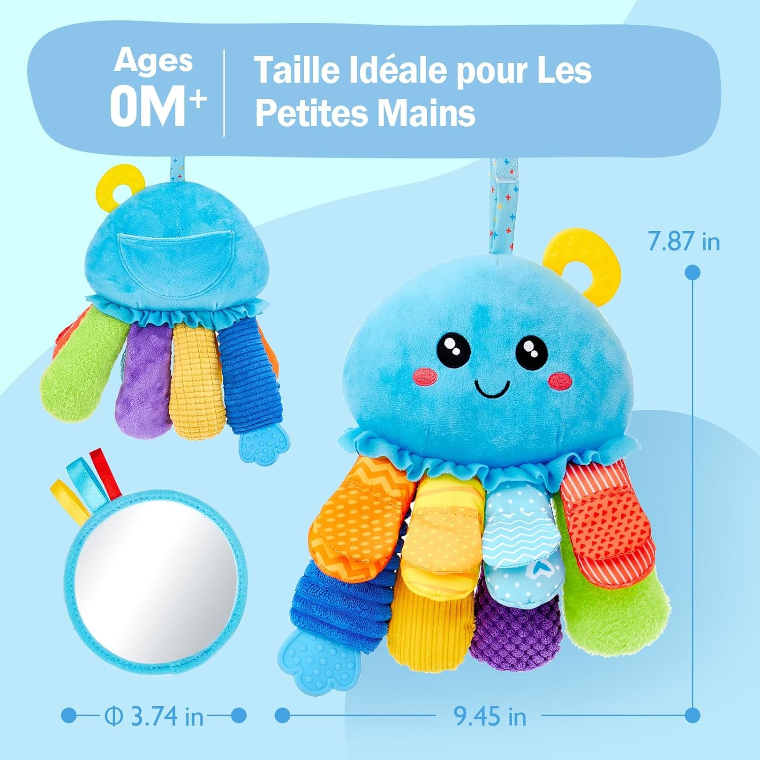 Jouet Bebe 0-3 6 Mois, Pieuvre Jouet Sensoriel Bebe Avec Anneau Dentition Bebe, Miroir, Pouet Couineur, Tummy Time Jeux D Eveil Bebe 0-6 Mois, Cadeau Naissance Fille Garcon