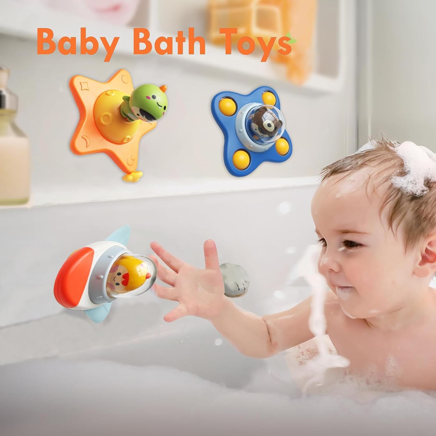 3 PCS Jouet Ventouse Bebe, Spinner Pour Baignoire Et Fenêtre De Bébé Jeux De Bain / Jeu Voiture Bebe / Jouets De Voyage Pour Les Tout, Baby Spinner Cadeau D'Anniversaire De Noël Pour 3 - 6 Ans