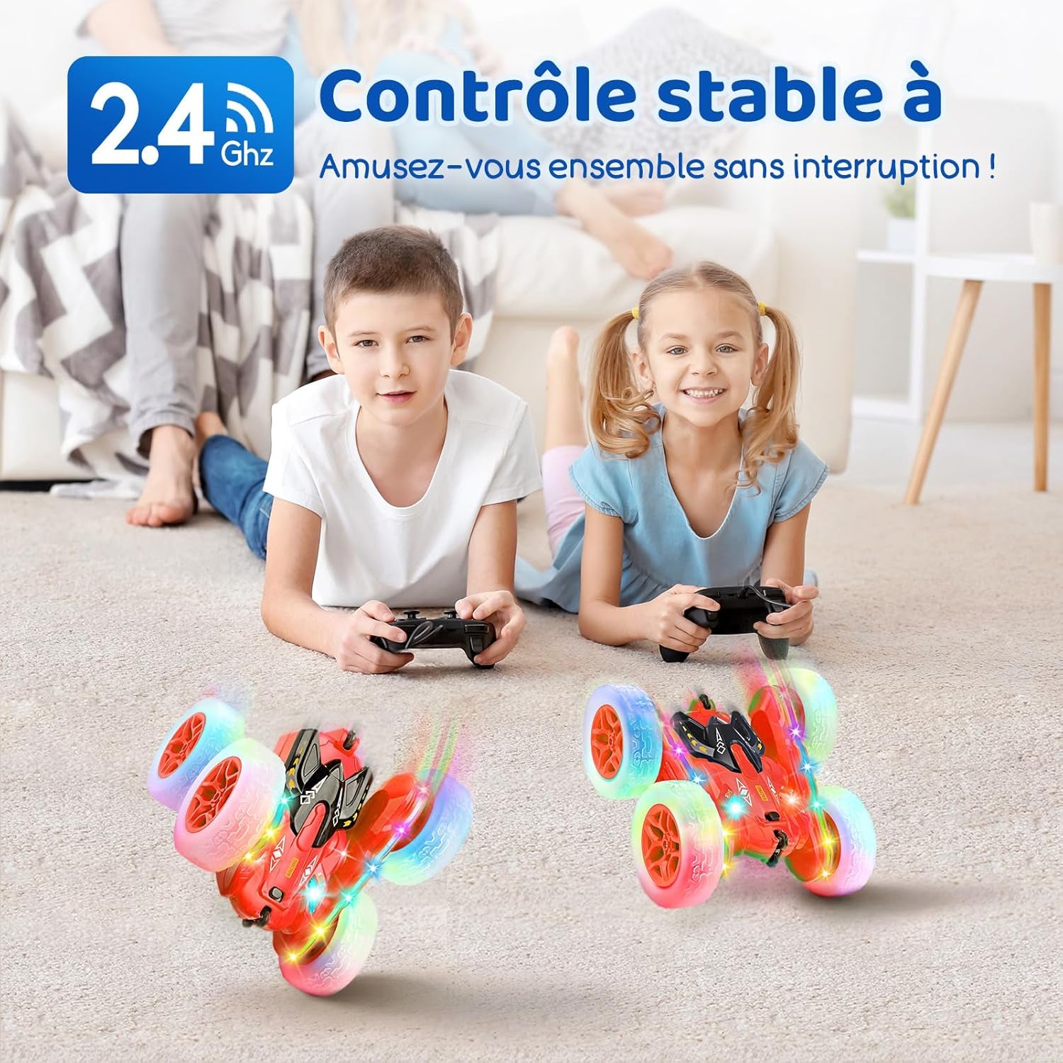 Voiture Télécommandée, Voiture Cascadeuse Avec Bande Lumineuse Latérale Et Phares, 2.4Ghz, Rotations À 360°, Voiture RC Rechargeable Jouet Pour Garçons Filles Cadeau D'Anniversaire, Rouge