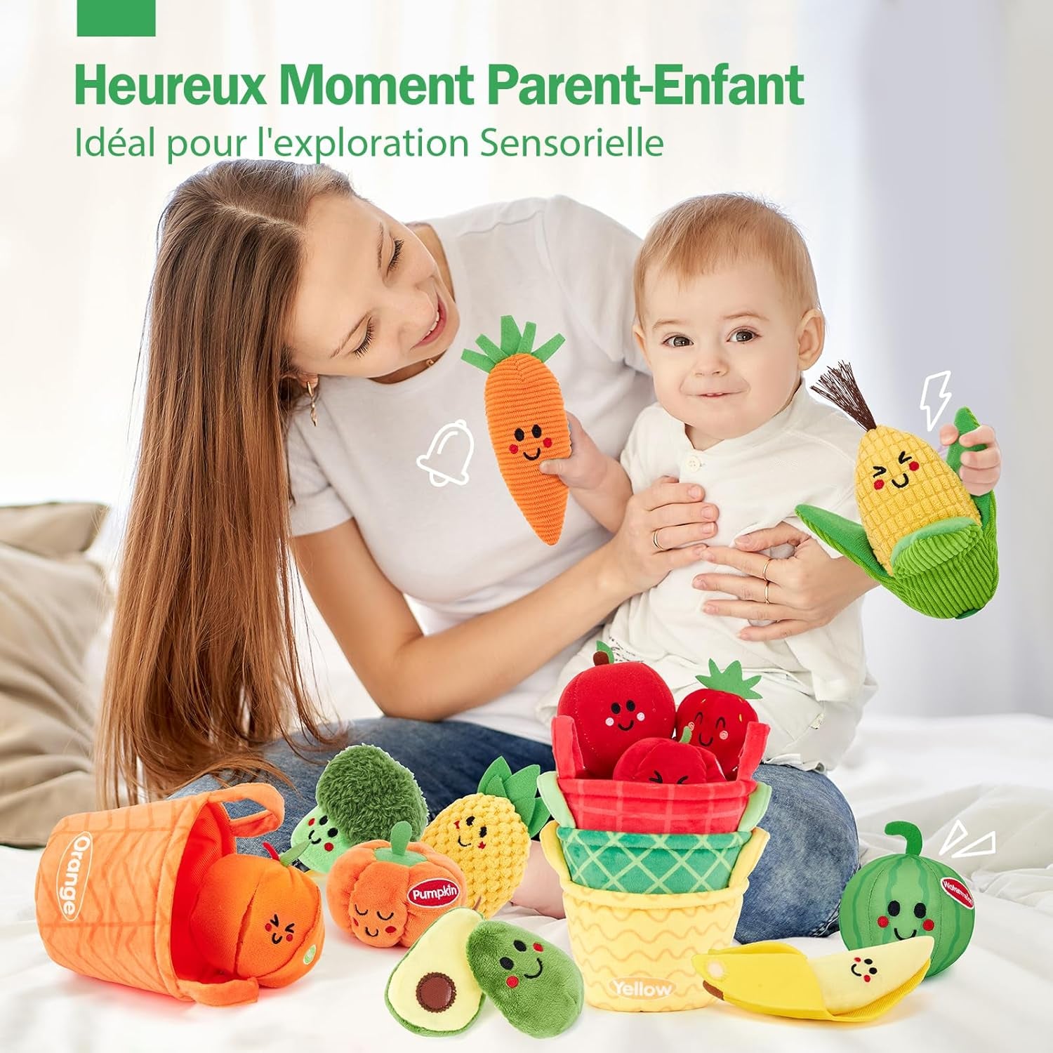 Jouet Bebe 6 Mois Jouet Eveil Bebe 6-12 Mois, 16 Pièces Fruits Et Legumes Jouets En Peluche Avec Panier, Jouet Sensoriel Bebe Jeux Montessori Cadeau Bebe 1 an Garçon Fille