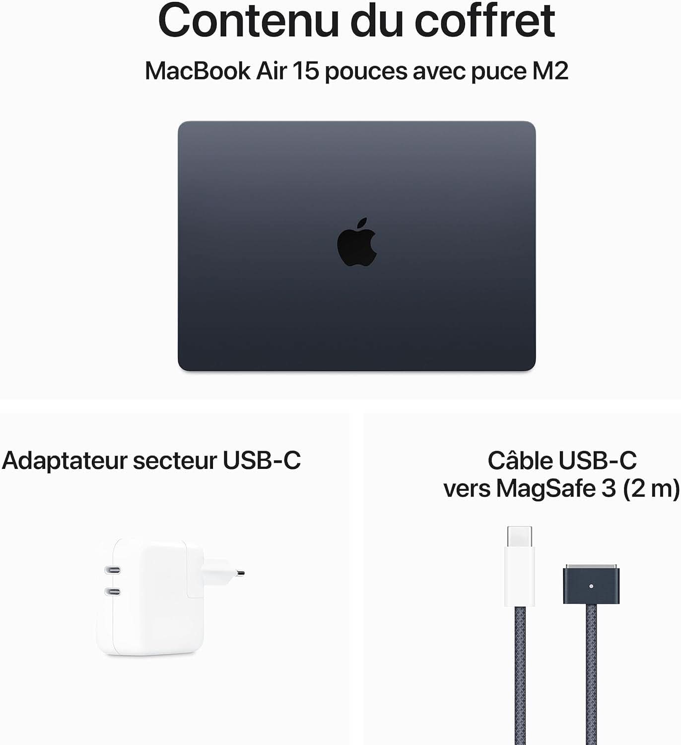 2023 Macbook Air Portable Avec Puce M2 : Écran Liquid Retina De 15,3 Pouces, 8 Go De RAM, 512 Go De Stockage SSD, Caméra Facetime HD 1080P. Compatible Avec L’Iphone/Ipad ; Minuit