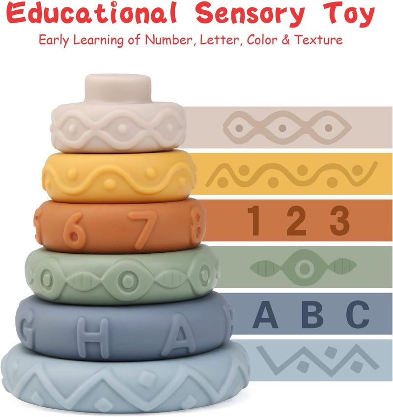 Joyplus Jeux Montessori Bebe Eveil 6 Mois, 7 Pièces Jouets Empilables Avec Anneaux, Tour Souple Empilable, Cube D'Activité Bébé, Jouets Sensoriel Dentition Pour Bébé, Jeux Educatif Pour Bebe 6+ Mois