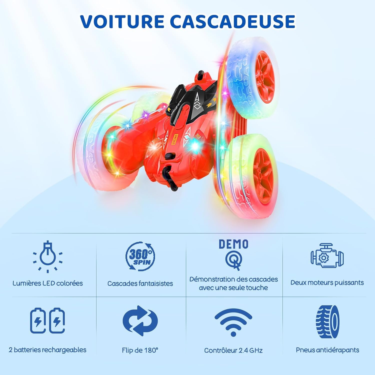 Voiture Télécommandée, Voiture Cascadeuse Avec Bande Lumineuse Latérale Et Phares, 2.4Ghz, Rotations À 360°, Voiture RC Rechargeable Jouet Pour Garçons Filles Cadeau D'Anniversaire, Rouge