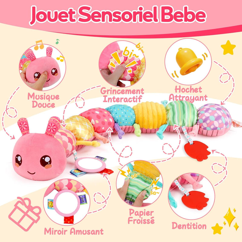 Jouet Bebe 0-3-6-9-12 Mois, Jouet En Peluche Chenille Musicale, Jeux Bébé Eveil 0-3 0-6 Mois, Cadeau Naissance Fille Garcon Bébé (Rose)