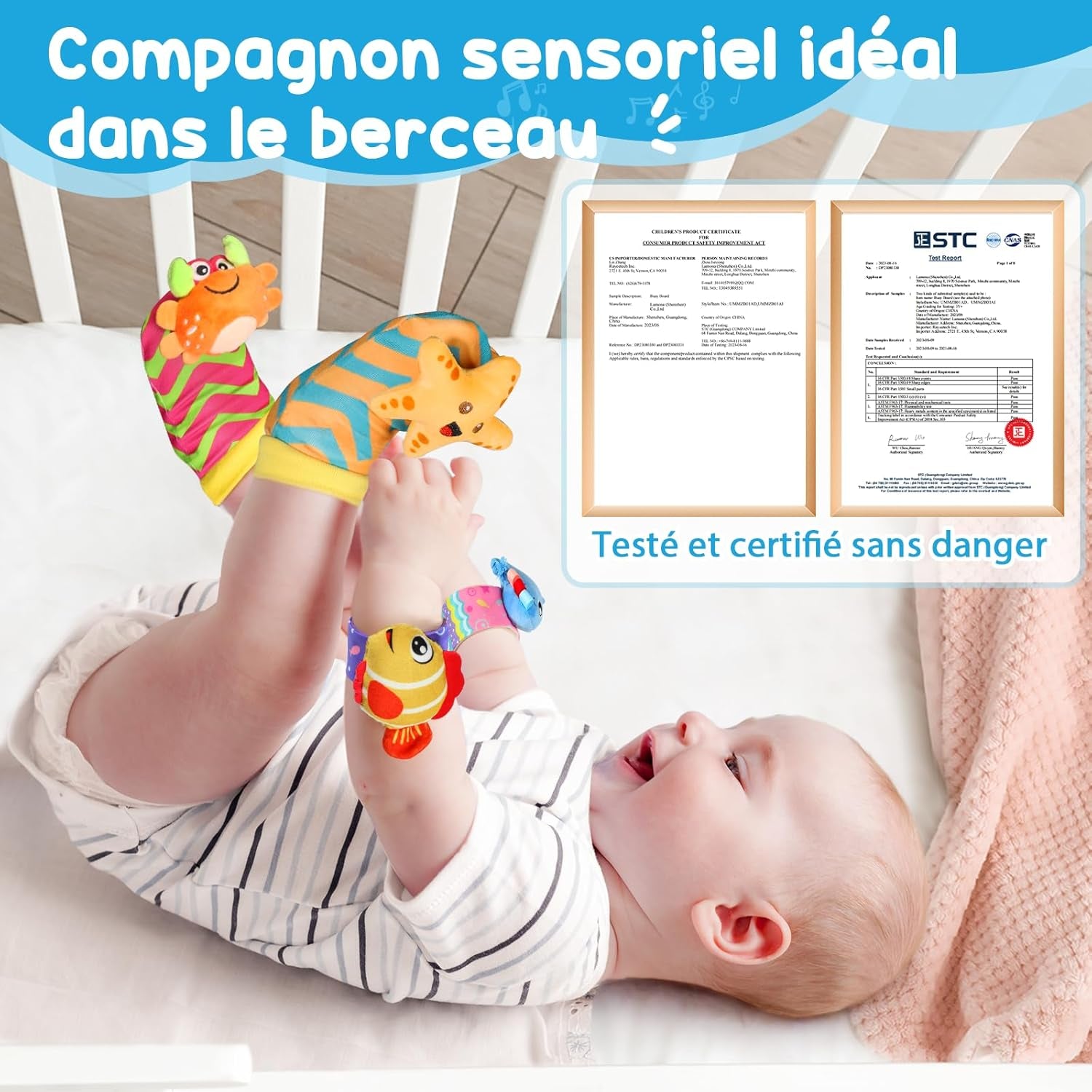 Hochet Bébé 0-3 Mois, 4 Pièces Poignets Et Chaussettes Jouet Et Jeux Éveil Montessori - Stimulation Sensorielle Et Motricité Fine - Cadeau Parfait Pour Bébés 0 3 6 9 Mois (Océan)