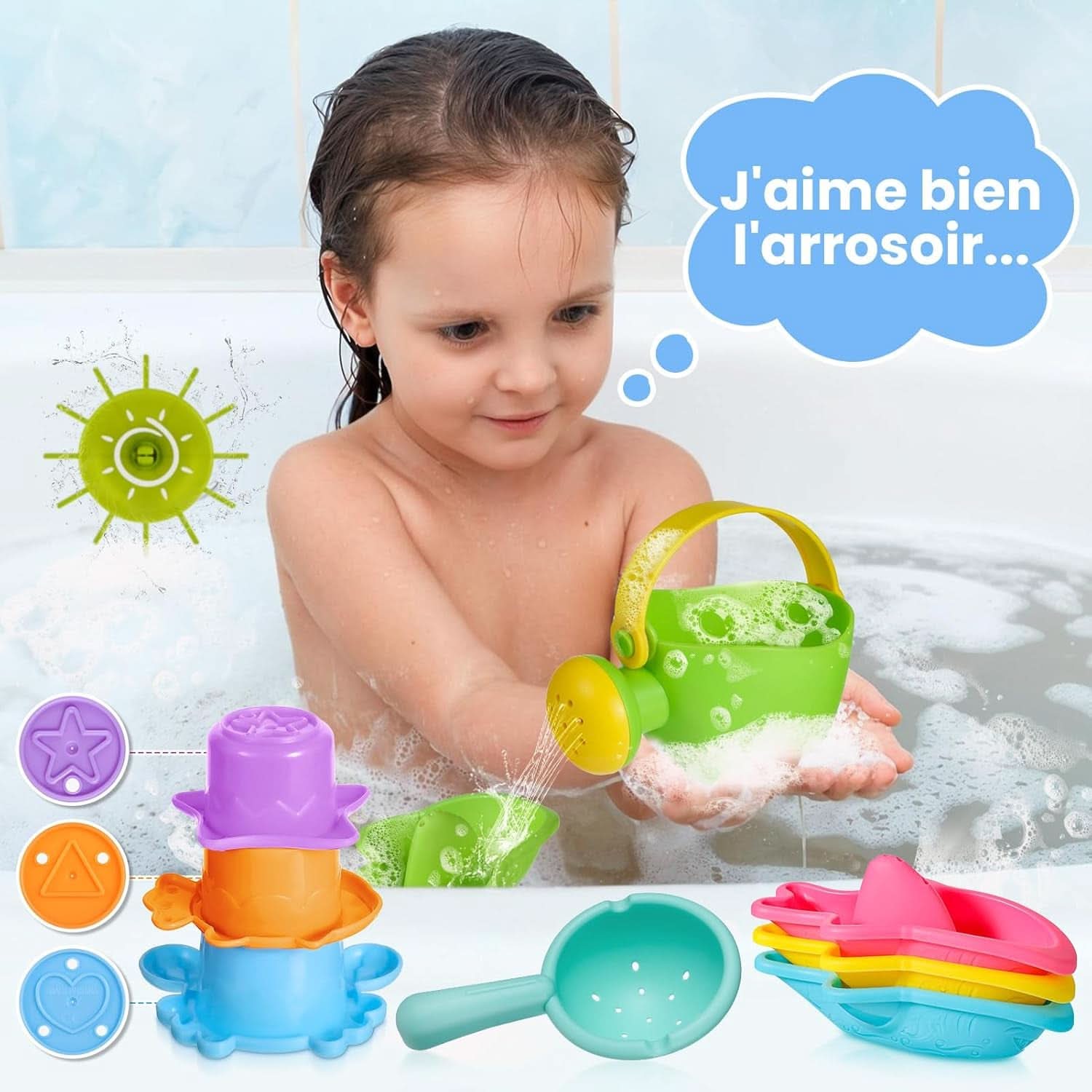 Jouet De Bain Pour Bebe , Jeux De Bain Enfant Jeu De Bain Bébé Jouet Piscine Sans Moisissures Arrosoir Tasses Empilables Bateaux Empilables 10 Pièces