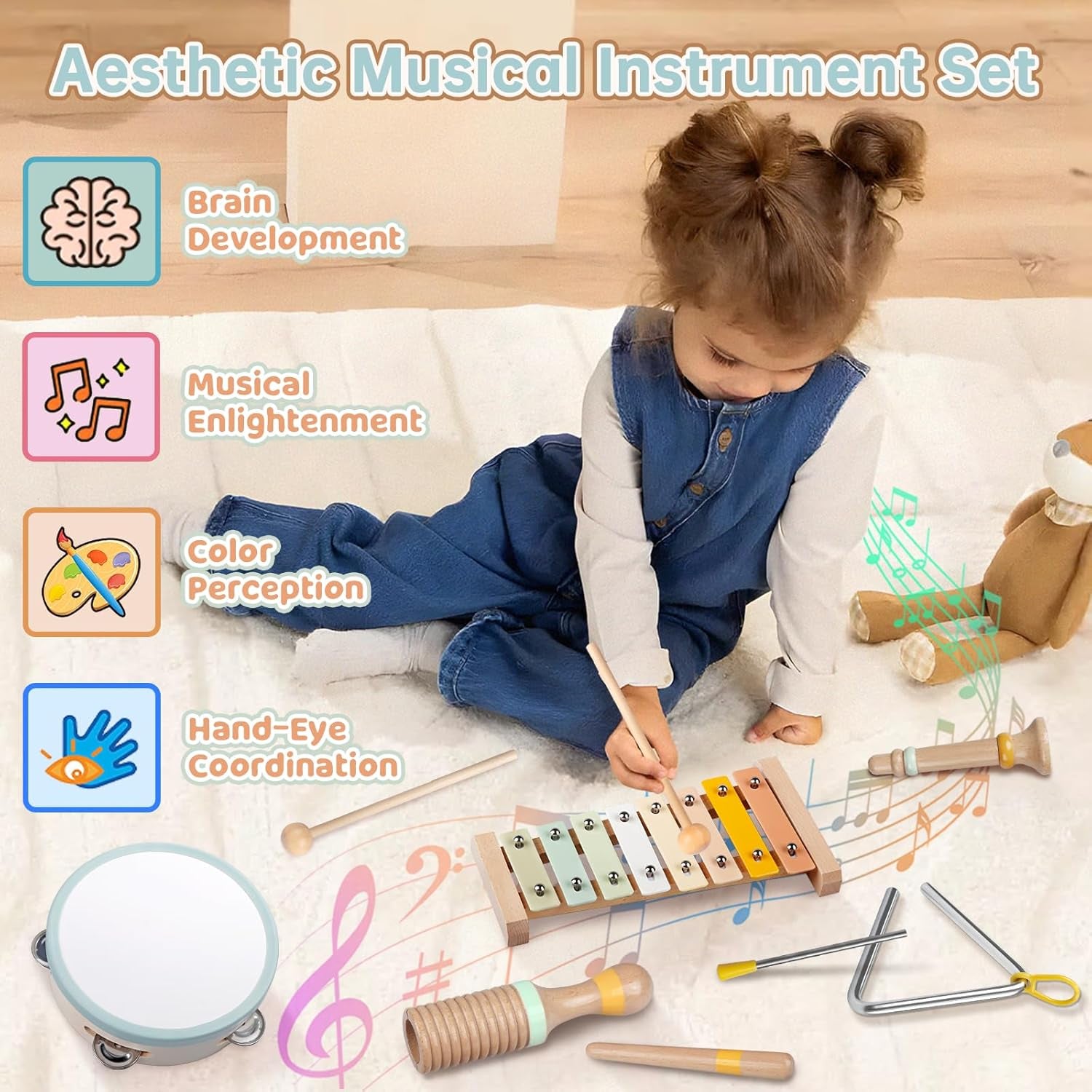 Instruments De Musique Esthétiques Pour Enfants, Jouets Musicaux Pour Tout-Petits Aux Couleurs Neutres, Instruments À Percussion En Bois, Jouets Montessori Xylophone Boho, Cadeaux De Bébé Neutres