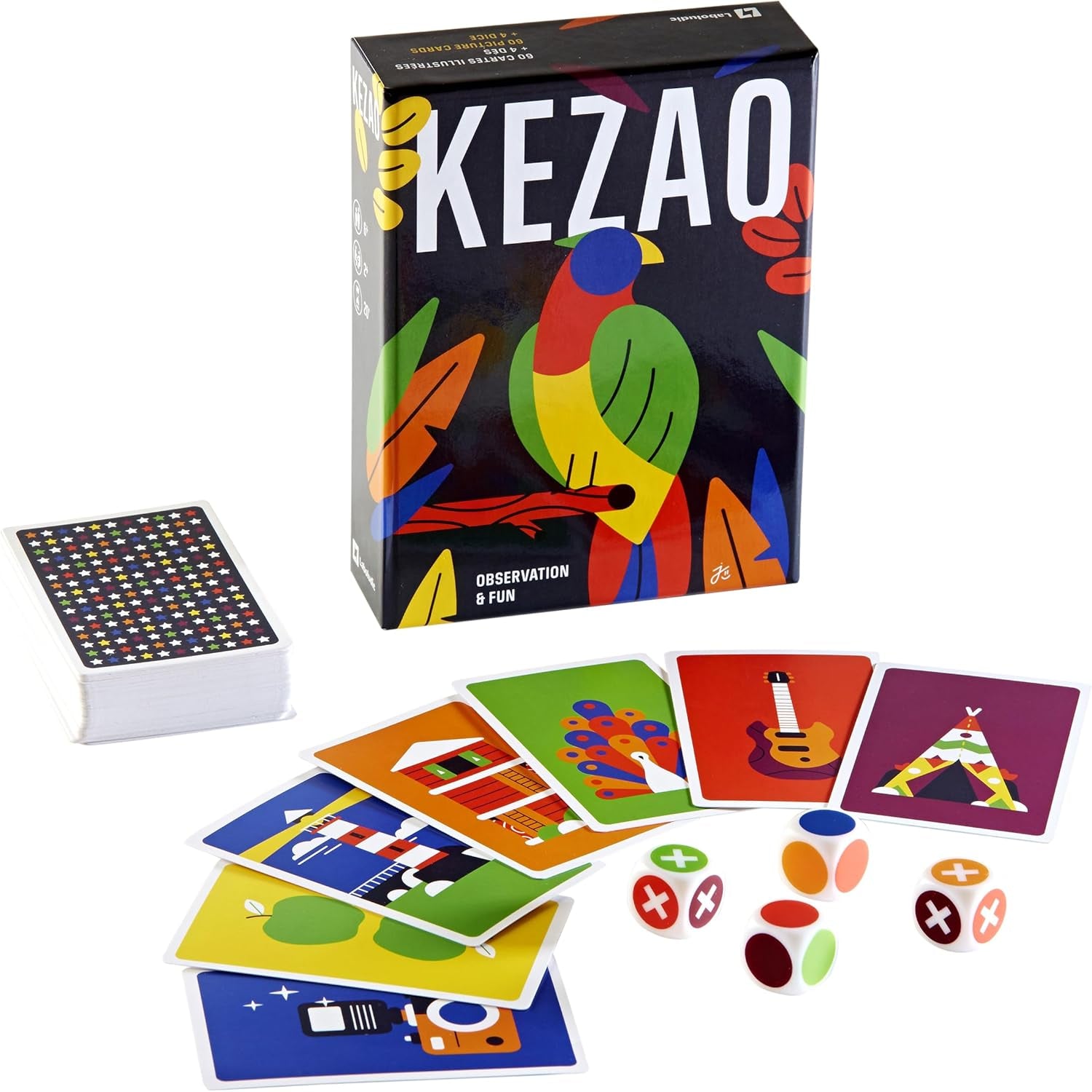 KEZAO - Jeu De Cartes Coloré Et Amusant Avec 4 Dés - Rapidité Et Observation - Jeu De Société Famille Et Enfant – Parties Rapides Et Rythmées – Règles Simples, Bleu,Jaune,Jaune…