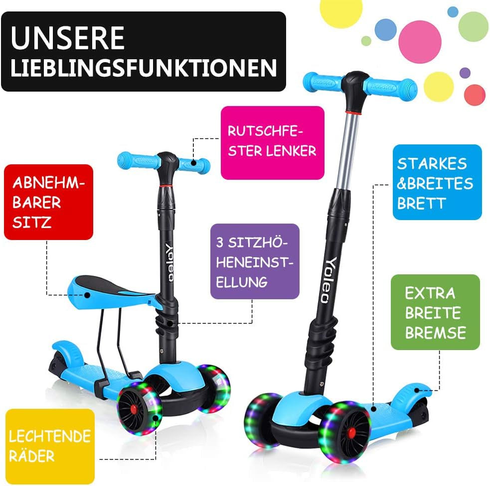 Trottinette 3 En 1 Pour Enfant Avec Siège Amovible, Roues En Polyuréthane, Guidon Réglable En Hauteur Pour Tout-Petits, Garçons Et Filles À Partir De 2 Ans
