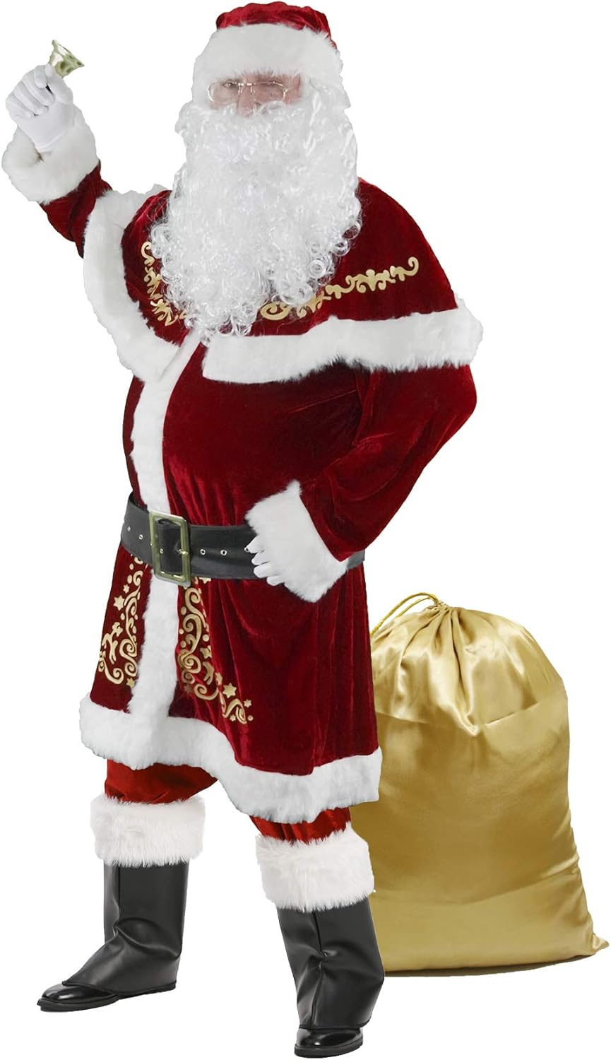 Costume De Père Noël Pour Hommes 12Pcs Complet De Déguisement De Noël Pour Adulte Rouge Velours De Luxe Vêtement De Pères