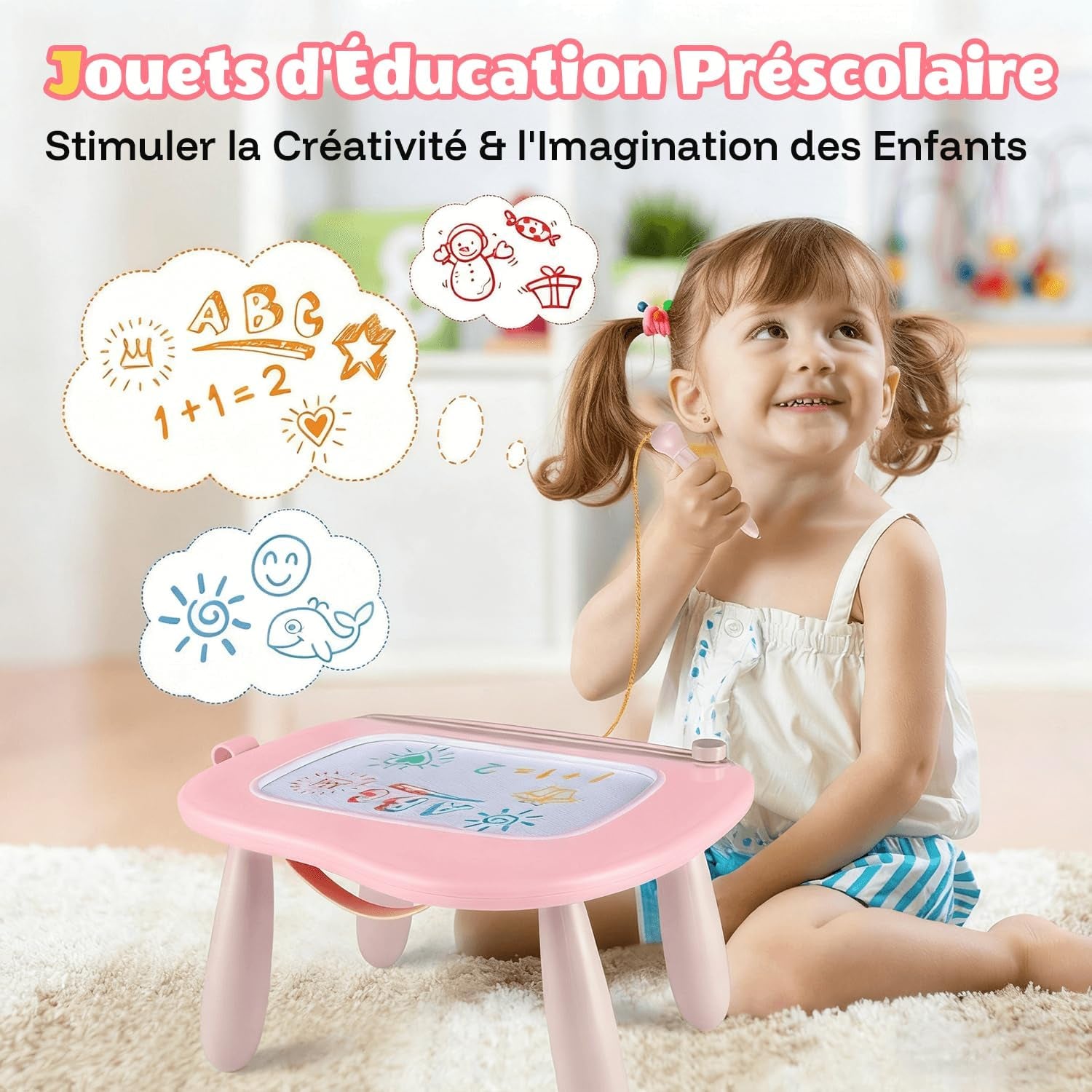 Jouet Bebe 1 an Filles, Ardoise Magique Grande Avec Pieds, Tableau De Dessin Magnétique Effaçable, Cadeau D'Anniversaire De Noël Pour 1 2 3 Ans Enfants (Rose Clair)