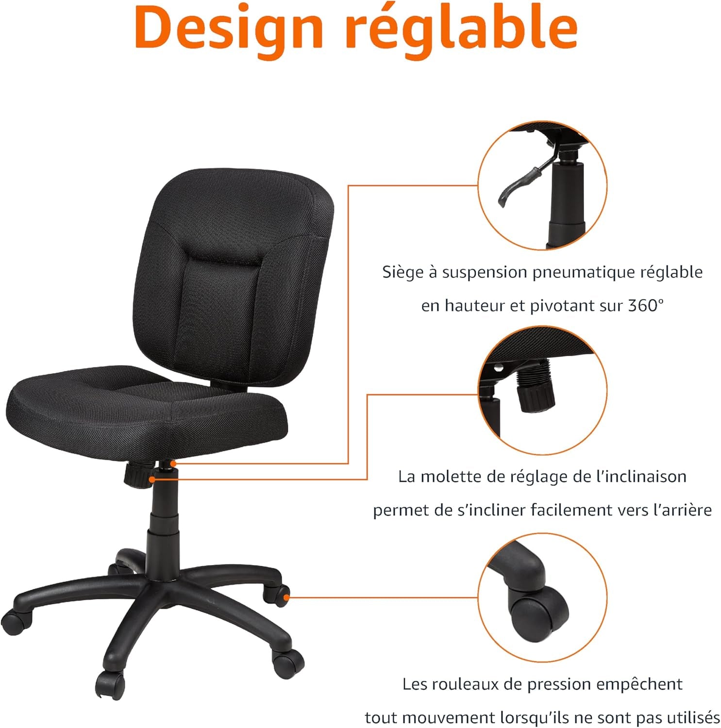 Chaise De Bureau Avec Dossier Rembourré, Respectueux Du Dos, Hauteur Réglable, Montage Facile, 65 D X 61 W X 87.5-98 H Cm, Noir